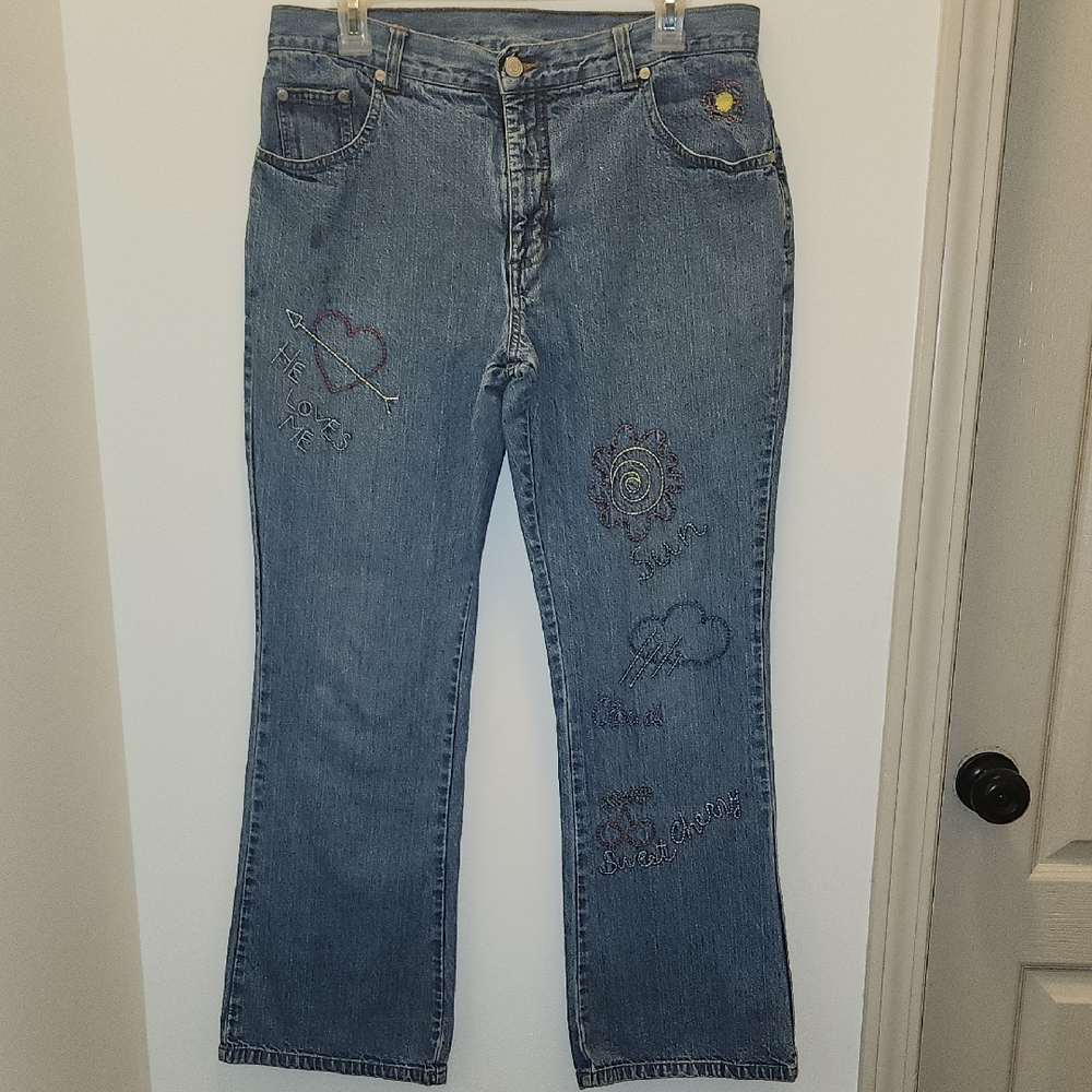 Vtg Y2K No Boundaries Emrboidered 100% Cotton Jeans Juniors Size 13 28.5" Inseam